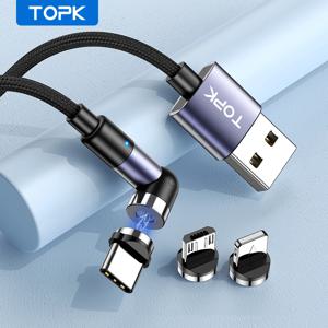 TOPK 마그네틱 충전 케이블, 540 회전 마이크로 USB C 타입 케이블, 마그네틱 휴대폰 충전기 케이블, 90 각도 커넥터, 3 in 1