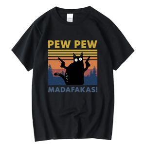 Pew Pew Madafakas Tshirt 남성 반팔 참신 재미 있은 고양이 T 셔츠 코튼 루즈 탑 셔츠 티 T 셔츠 크루 넥 streetwear