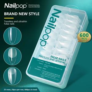 Nailpop 소프트 젤 X 네일 풀 커버, 사전 모양 가짜 손톱, 전문 DIY 살롱용 아크릴 네일 팁, 12 가지 크기 프레스, 600 개