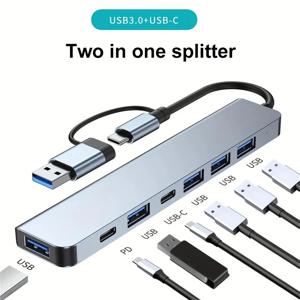 분배기 카드 리더기가 있는 7 in 1 USB 허브, USB C 포트, USB 3.0 / 2.0, SD/TF 분배기 카드 리더, 도킹 스테이션