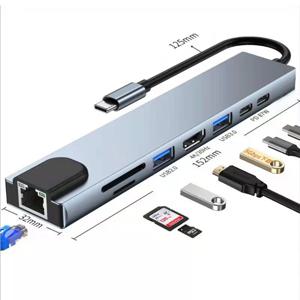 HDMI 노트북 컨버터가 있는 C타입 익스텐더, 8 in 1 USB 허브, USB C에서 USB 3.0 2.0 디스크, 이더넷 케이블, OTG 카드 리더 충전 도크