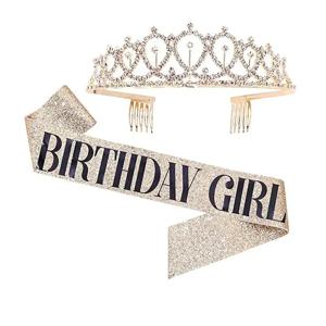 블링 라인 석 크리스탈 크라운 티아라 생일 기념일 장식 해피 18 21 30 40 50 번째 생일 새틴 새시 파티 용품