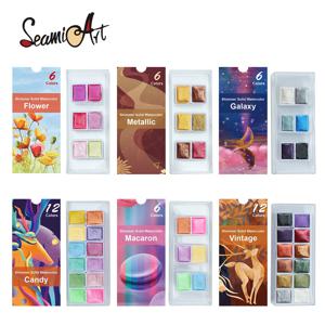 Seamiart 6/12 수채화 물감 세트 예술가를위한 금속 반짝이 학교 문구 낙서 도구 고체 안료 미술 용품