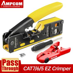 AMPCOM RJ45 RJ11 스트리퍼 및 예비 블레이드가 있는 Cat7/6A Cat6/5 이더넷 모듈형 플러그 커넥터용 압착 도구 통과