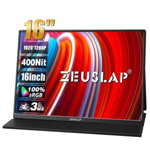 ZEUSLAP 휴대용 모니터 100%, sRGB 1200P IPS 스크린, 여행 게임용 컴퓨터 디스플레이, 스팀 데크 노트북 스위치 PS4 PS5 Xbox용, 16 인치