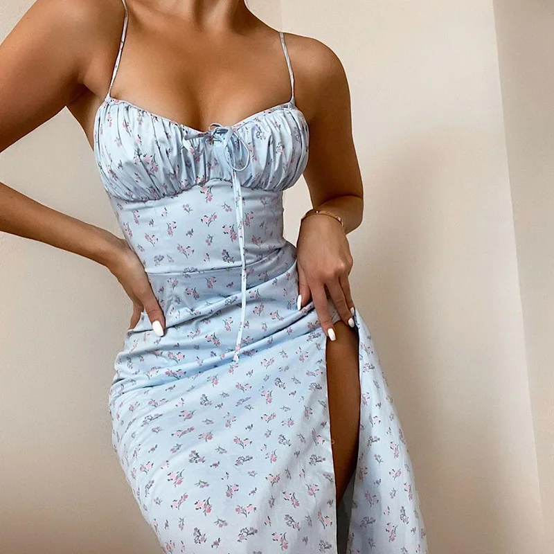 여성 우아한 꽃 해변 휴가 Bodycon streetwear 긴 드레스 2024 여름 의류 비즈니스를위한 도매 항목