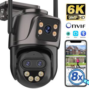 야외 보안 PTZ 카메라, 자동 추적 감시 iCSee, 6K 9MP HD IP 카메라, 3 렌즈 외부 와이파이 카메라, 4K 8MP 듀얼 스크린