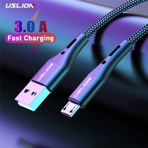 USLION 블랙 마이크로 USB 케이블 고속 충전, 샤오미 안드로이드 휴대폰 데이터 케이블, 삼성 마이크로 USB 충전기 와이어 3M 2M