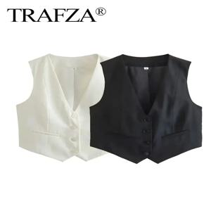 TRAFZA 패션 여성 조끼 여성용 민소매 조끼 세련된 v 넥 싱글 브레스트 숙녀 우아한 흰색 양복 조끼상의