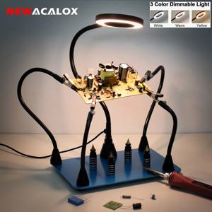 NEWACALOX PCB 고정장치 클립 납땜 거치대 서드 핸드 도구, 3X LED 조명 돋보기, 마그네틱 유연한 헬프 핸드