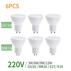 가정용 LED 전구 조명, GU10 LED 전구, 220V MR16 옥수수 램프, E27 스포트라이트, 3W, 6W, 9W, 12W, 6 개