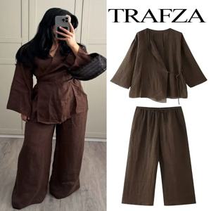 TRAFZA 여성용 리넨 단색 셔츠 세트, 벨트 가디건, 기모노 탑 + 하이웨이스트, 플리츠 팬츠 2 피스, 여름 패션