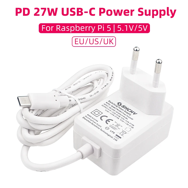 라즈베리 파이 5, 5.1V 5A 전원 공급 장치, PD 27W, USB C 타입 충전기, EU 미국 영국 플러그 전원 어댑터, 라즈베리 파이 5/4B RPI 5 용