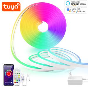 EU 플러그 DC12V-24V RGB 네온 LED 스트립 1/2/3/4/5/10/15M WiFi 네온 RGB 스트립 Tuya/스마트 라이프 홈 네온 장식 조명과 함께 작동