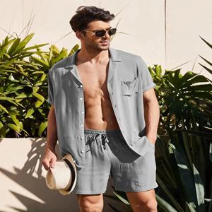 Ropa Hombre 남성용 린넨 반팔 셔츠 세트, 루즈 캐주얼 코튼 카디건 셔츠 반바지, 여름 신상