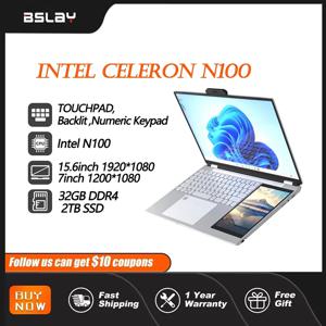 듀얼 스크린 15.6 + 7 인치 노트북, 인텔 N100, 32GB RAM, 2TB SSD, DDR4 Win11 지문 잠금 해제, HD 카메라 백라이트 키패드 노트북