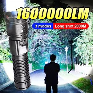 1600000 LM 슈퍼 브라이트 USB 충전식 LED 장거리 전술 토치, 야외 방수 캠핑 낚시 랜턴