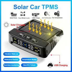 태양열 TPMS 자동차 타이어 압력 경보, 디지털 컬러 디스플레이, 4 개의 외부 센서, 방수 타이어 압력 온도 경고