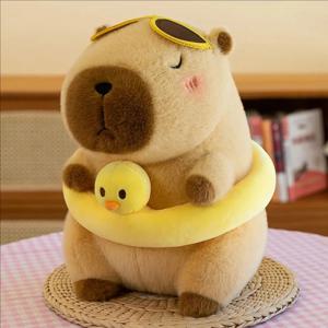 Capybara 노란 오리 수영 반지 Capybara 봉제 장난감, 귀여운 시뮬레이션 비치웨어, Capibara 박제 동물, 생일 여행 GIF