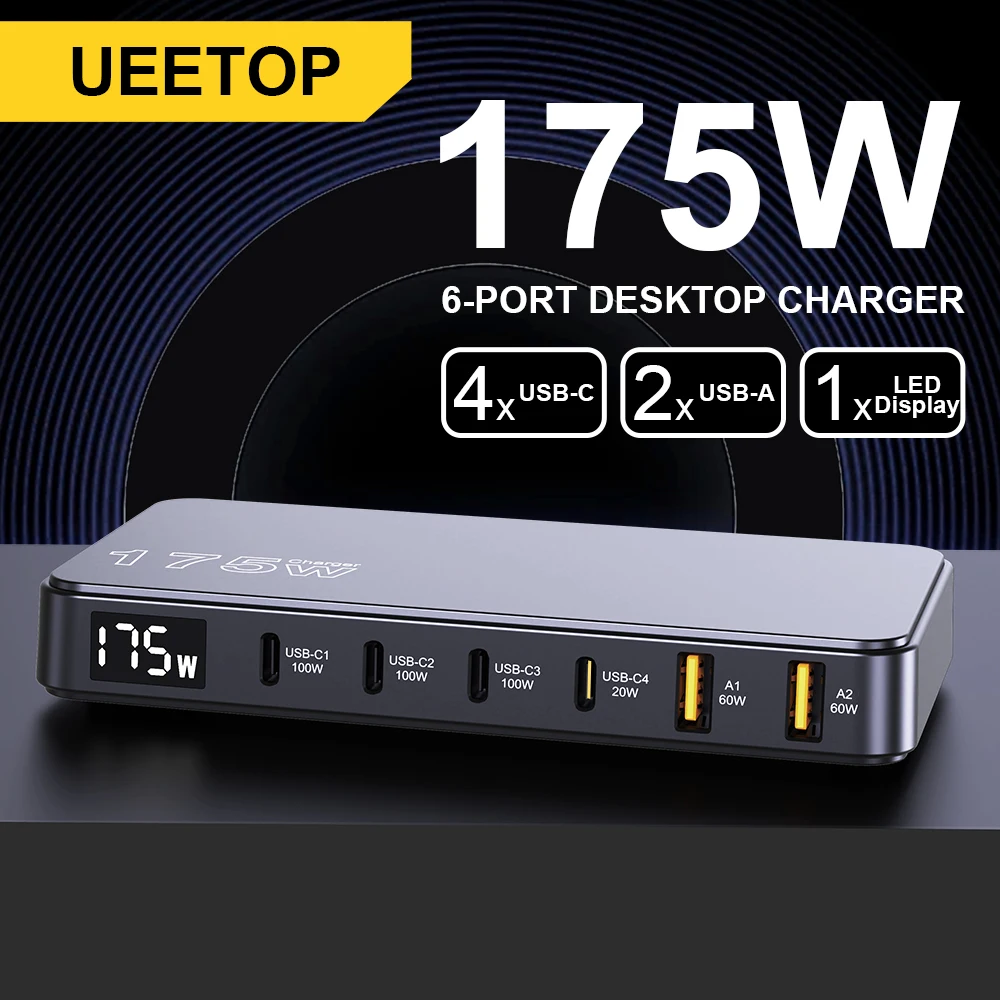 맥북 삼성 아이폰용 Ueetop 175W GaN USB C 충전기 LED 디스플레이 6포트 데스크탑 충전기 타입 C PD 100W PPS 45W 고속 충전