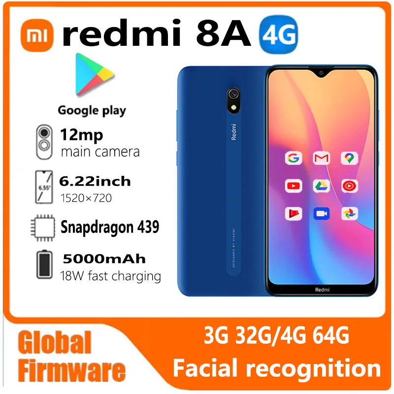 샤오미 레드미 8A 스마트폰, 4G, 64G, 글로벌 펌웨어, 5000mAh, 6.22 인치, 스냅다곤 439, 12MP, 18W, 얼굴 인식 중고 전화