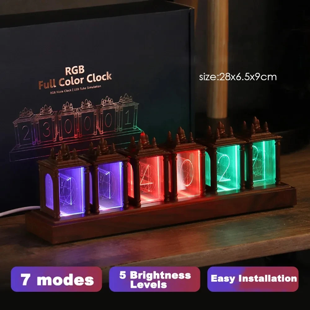 LED 디지털 시계 닉시 튜브 시계, RGB 글로우 튜브 시계, 호두나무 야간 조명, 디지털 알람 분위기 램프 시계, 타이머 선물