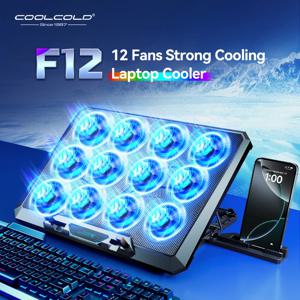 COOLCOLD 저소음 팬 장착 노트북 쿨링 패드, 12-17.3 인치 게임용 노트북 쿨러 스탠드, USB 포트 2 개, 전화 거치대