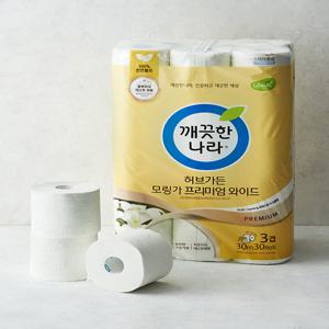 [깨끗한나라] 3겹 천연펄프 프리미엄 와이드 롤화장지 허브가든 모링가 (30m X 30롤)