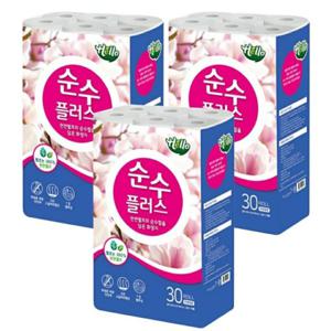 헬로 순수 플러스 3겹 천연펄프 롤화장지 20m 30롤x3팩/핑크