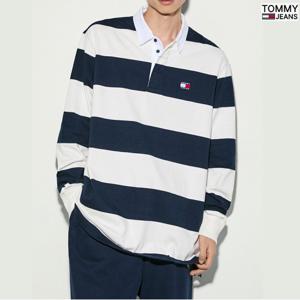 [타미진]남성 릴렉스핏 TOMMY 뱃지 스트라이프 럭비 티셔츠