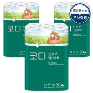 코디 순수 3겹 데코 화장지 27m x 30롤 3팩