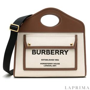 [BURBERRY] 버버리 스몰 투톤 캔버스 레더 포켓 토트백 8036784