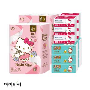 헬로키티 3겹 큐티(27m)화장지 60롤 + 팝업 6개입 + 키친 6개입