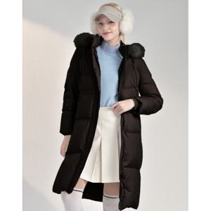 닥스 골프 여성 24FW PREMIUM 다크브라운 블루폭스 후드 트리밍 구스다운 롱 점퍼 DNJU4D811W3