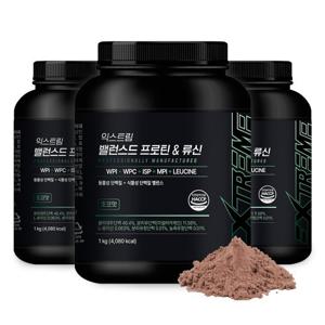 [익스트림] 밸런스드 프로틴 류신 단백질 보충제 파우더 쉐이크 초코맛 1kg 3통 (75일분)