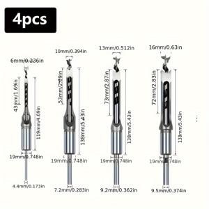 TEMU 4개 목공용 사각 구멍 드릴 비트 세트 - 탄소강, 무코팅, 정밀 목재 자르기용 라운드 샹크 - 6mm, 10mm, 13mm, 16mm