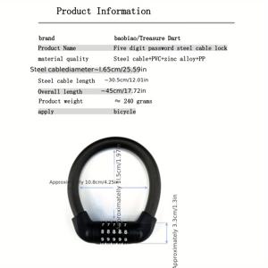 TEMU BAOBIAO 컴팩트 4자리 조합 스틸 케이블 잠금장치, 방범, 길이 18인치, 두께 0.5인치 - 내구성 있는 PVC & 아연, 자전거에 적합, 검정색