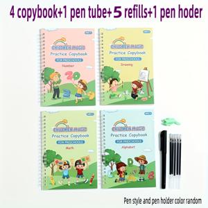 TEMU 유치원을 위한 어린이 마법 연습 복습장: 수학과 알파벳, 3-8세, 책 4권 + 펜 1개 + 펜 심 5개 + 펜 홀더 1개, 어린이를 위한 마법 학습 워크북, 교육적인 글쓰기 보조 도구