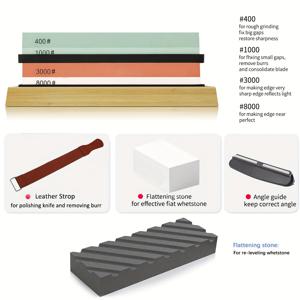 TEMU 4면 연마용 돌이 포함된 전문가용 칼날 연마 키트 (400/1000/3000/8000 그릿), 미끄럼 방지 대나무 베이스, 인조 가죽 스트롭, 평평 연마 돌 및 각도 가이드 - 필수 주방 도구