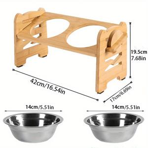 TEMU 1개 높이 조절 고양이, 개 그릇, 15° 기울기 조절이 가능한 반려동물 고양이 사료 그릇, 음료 그릇, 소형견 및 고양이에 적합, 대나무 나무 프레임 장착, 스테인리스 스틸 그릇 2개, 미끄럼 방지 매트 대나무 개 및 고양이 피더