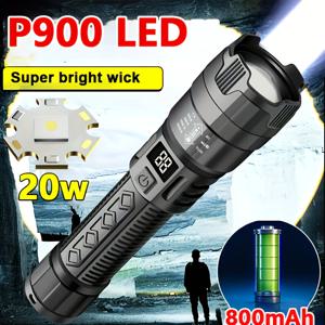 TEMU P900 LED 손전등 - 전술 충전식 줌 토치, 800mAh 리튬 배터리, USB 케이블, 방수 아님, 배터리 구동 핸드 랜턴, 캠핑, 야외 및 비상 상황용|캠핑랜턴|후레쉬