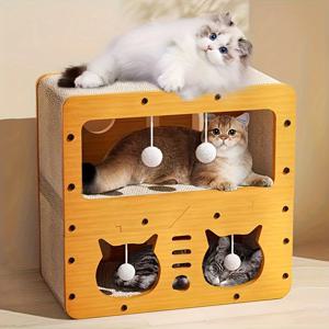 TEMU 1pc Whisker Wonders 다단계 고양이 스크래쳐 라운지 - 내구성이 뛰어난 탈모 없는 판지, 스크래치 방지, 쉬운 조립, 올 시즌 고양이 가구와 함께 놀 수 있는 공이 포함된 제품입니다.