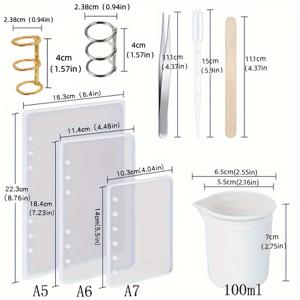 TEMU 노트북 레진 주조 몰드 키트, A5 A6 A7 노트북 커버 주조 에폭시 레진 몰드 실리콘 몰드 포함, 레진 북 커버용 4개 세링 북 바인더 링, 2개 100ml 실리콘 측정 컵, 5개 플라스틱 전사 피펫, 1개 에폭시 레진 집게, 10개 나무 스틱, DIY 에폭시 레진 완벽 키트