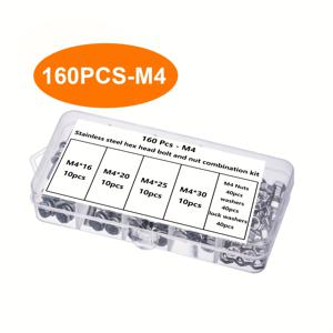 TEMU 160개 스테인리스 스틸 육각 볼트 & 너트 세트 - 내구성 있고 부식 방지, M4 너트 및 워셔로 다용도 사용 가능
