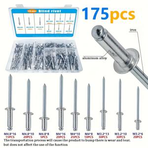 TEMU 70/175개 팝 리벳 어소트먼트 키트, 8가지 크기의 알루미늄 리벳 (1/8