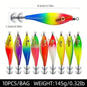 TEMU 10개/봉 혼합색 발광 오징어 징 훅 - 고강도 플라스틱 바디가 있는 스테인리스 스틸 수평 새우 미끼, 에기 오징어, 문어 낚시용 부유 미끼 - 크리스마스, 새해, 데이, 봄 축제, 아버지의 날에 이상적
