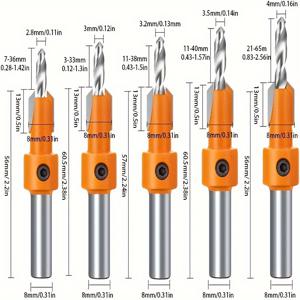 TEMU 나사 절단, 구멍 뚫기 및 개방 도구용 드릴 카운터보어 라우터 비트, 8mm 라운드 샹크, 2.8-4mm 원뿔형 사이즈, 5개 세트 HSS 목공 카운터싱크 드릴 비트