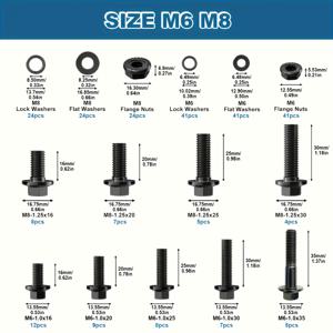 TEMU 260개의 플랜지 헥스 헤드 나사 및 볼트 어소트먼트 키트 - 카본 스틸 블랙 옥사이드 M6 및 M8 볼트, 너트, 그리고 우측 나사와 헥스 드라이브 스타일의 와셔