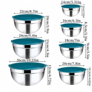 TEMU 14-피스 스테인리스 스틸 믹싱 볼, 블루 뚜껑 포함 - 베이킹, 요리, 음식 준비에 완벽 - 쉬운 보관과 주방 공간 절약을 위한 중첩 - 식기 세척기 세척 가능 - 샐러드 볼, 계란 휘저, 믹싱 볼 포함 - 용량: 0.5QT, 1.5QT, 2QT, 2.5QT, 3.5QT, 4QT