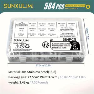 TEMU 236/584개 M6 M8 M10 헤비 듀티 볼트 및 너트 모음 키트 304 스테인리스 스틸(18-8) 육각 나사 너트 및 와셔 키트, 15개의 일반 크기(대형 상자) 포함